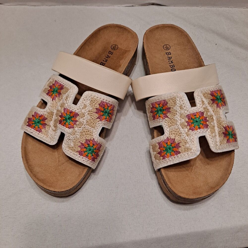 Bamboo Women's "H" Cutout Slide Sandals Size 5 Multi-color Floral Woven Cork